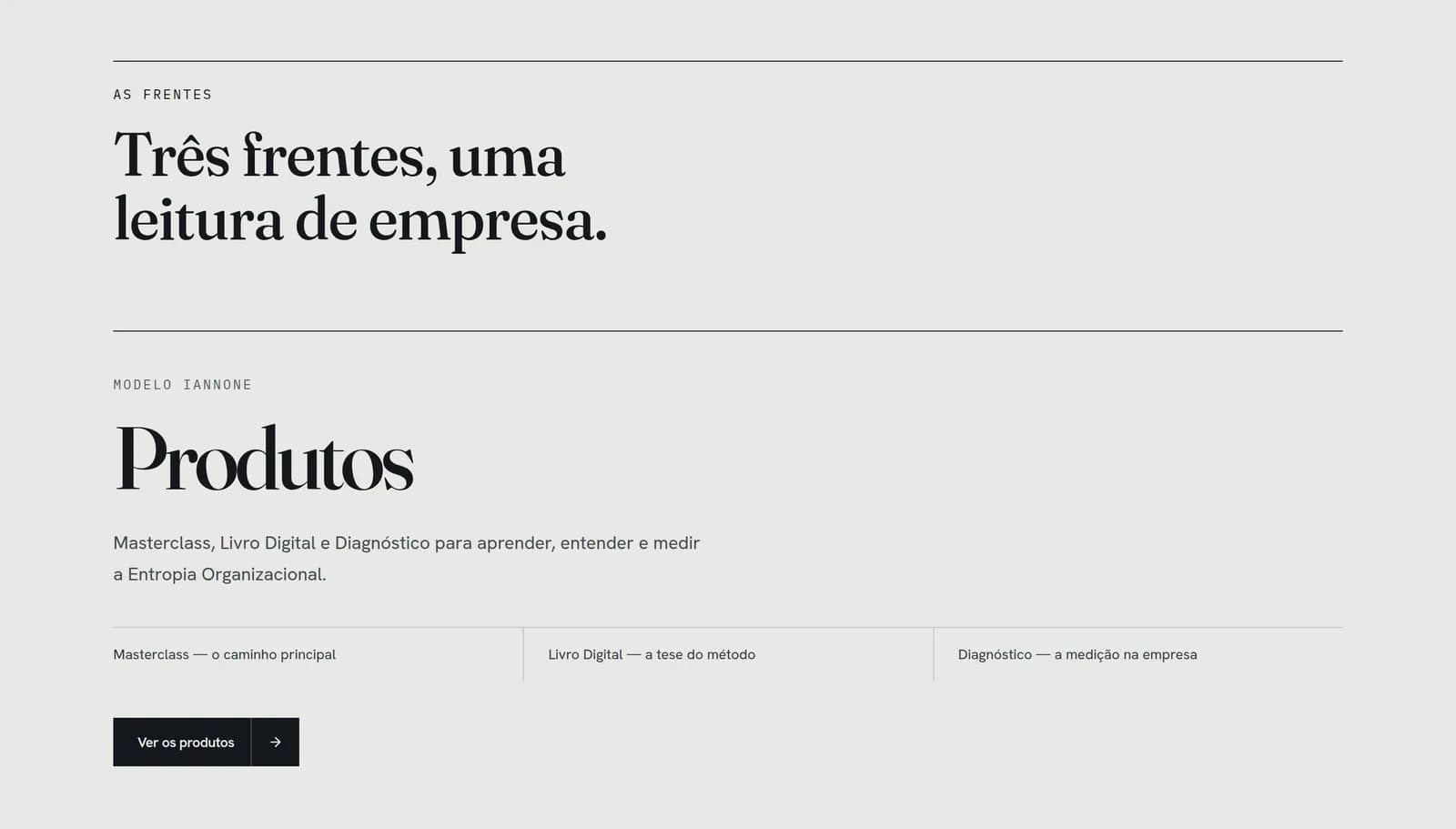 Seção das três frentes no site de Leonardo Iannone, começando pelos produtos do método