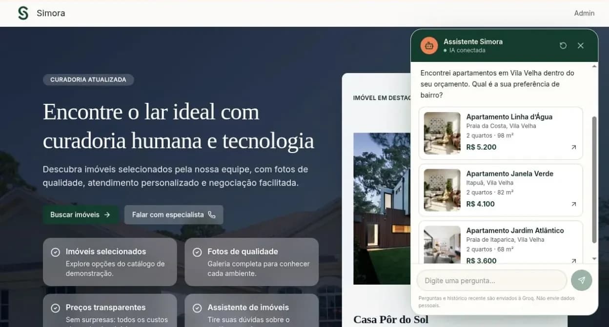 Chat da demonstração do Simora respondendo com três apartamentos do catálogo