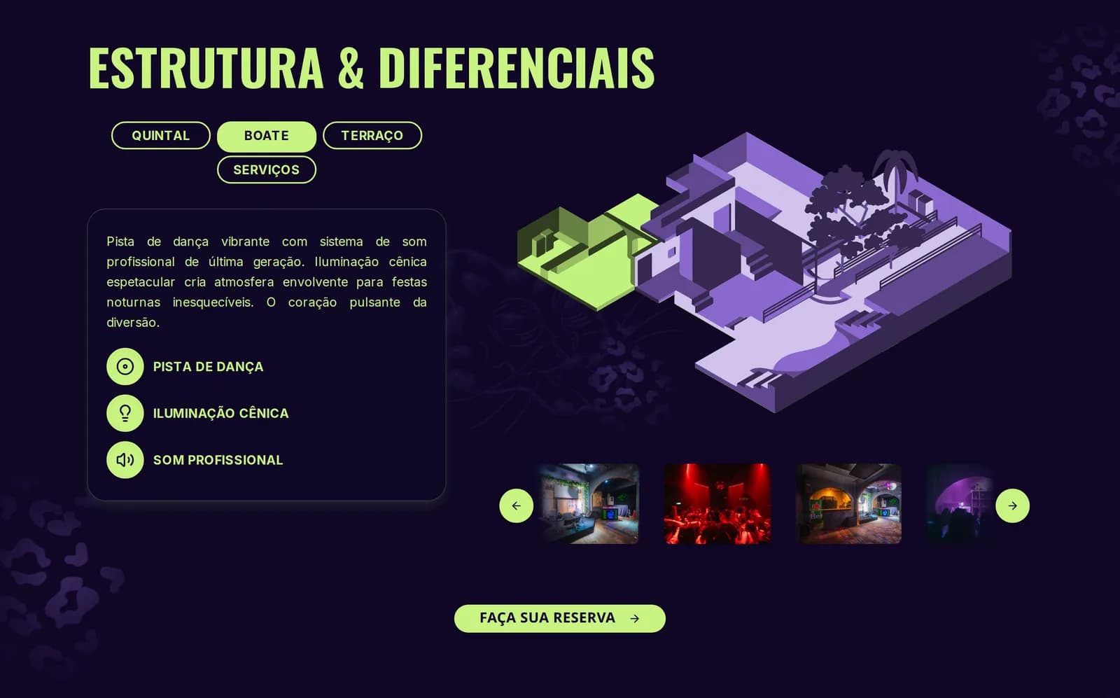 Seção de estrutura do site de A Selva Eventos, com a aba da boate aberta, a descrição do ambiente, um mapa do espaço e fotos