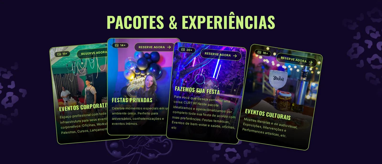 Seção de pacotes do site de A Selva Eventos, com um cartão com foto para cada tipo de evento