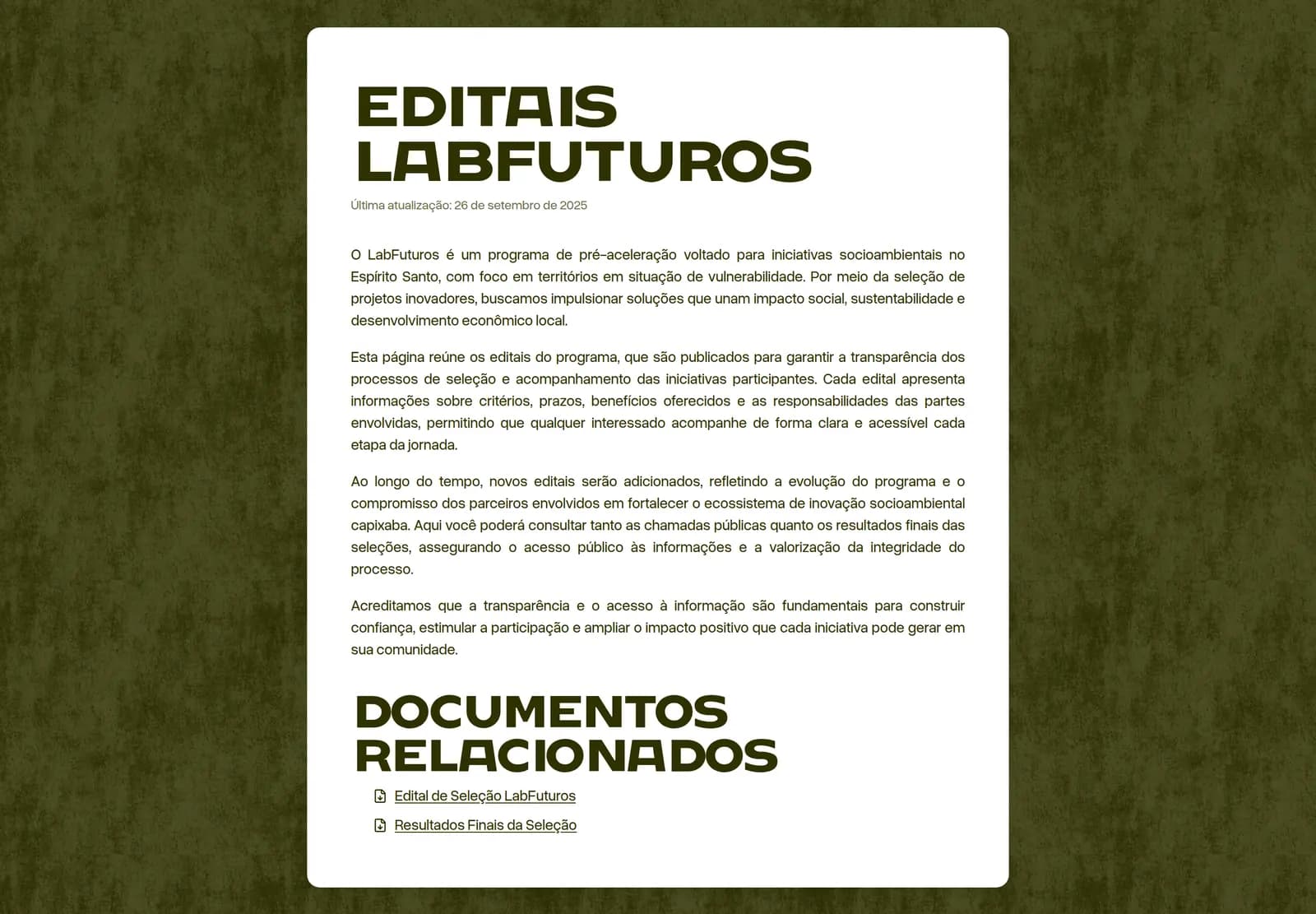 Página de editais do site do Lab Futuros, com o texto do programa e os documentos da seleção