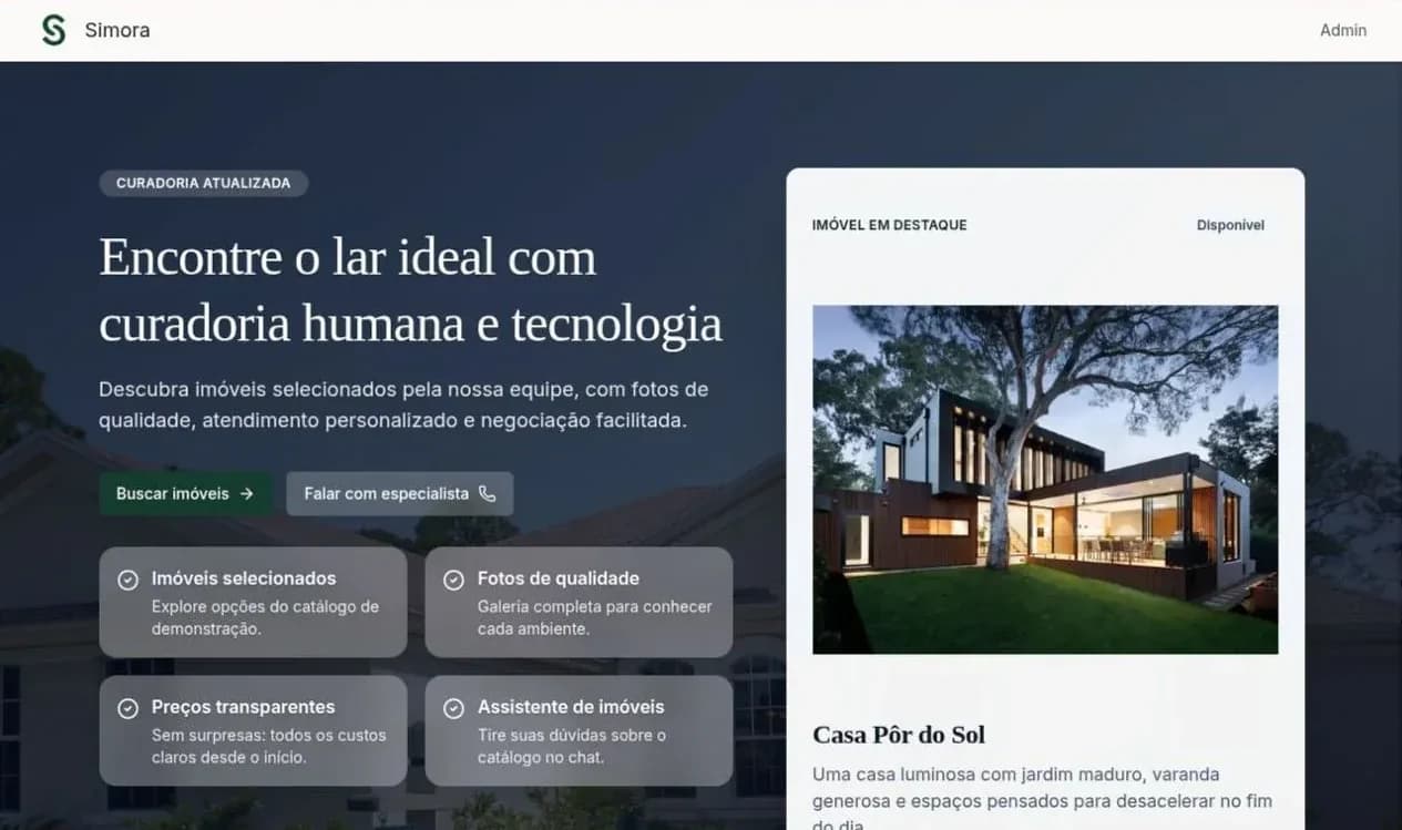 Página inicial da demonstração do Simora, com a busca de imóveis e uma casa em destaque